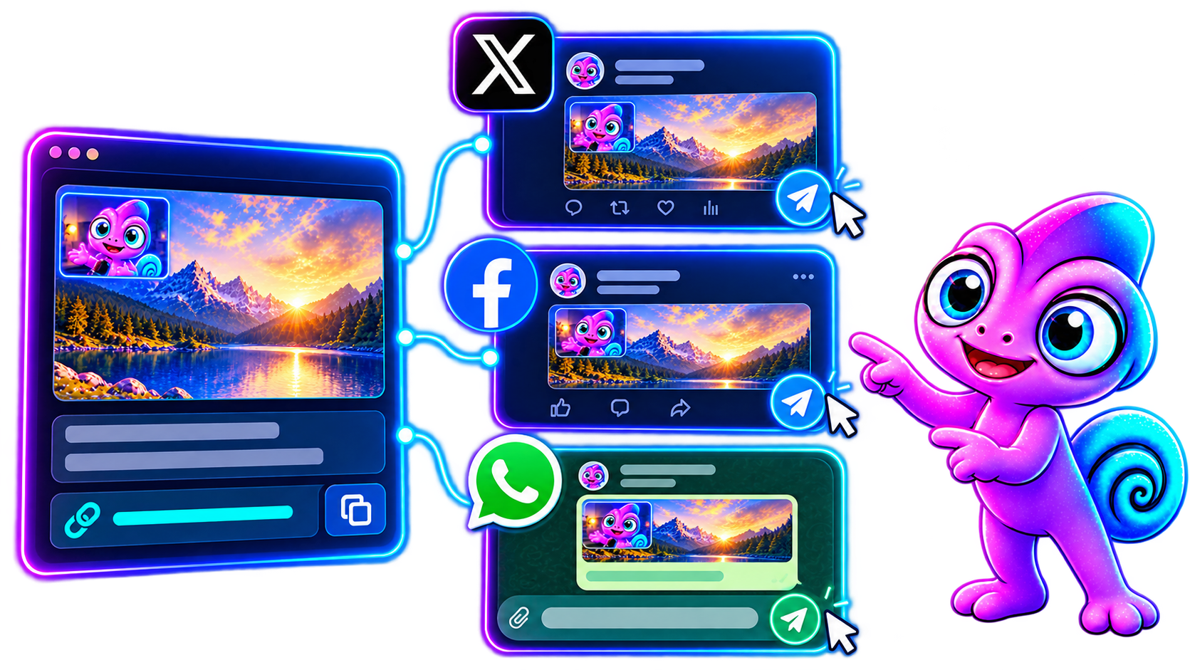 Ilustración: la publicación con el paisaje, su texto y su enlace se conecta con ventanas de X, Facebook y WhatsApp; Leo las señala.