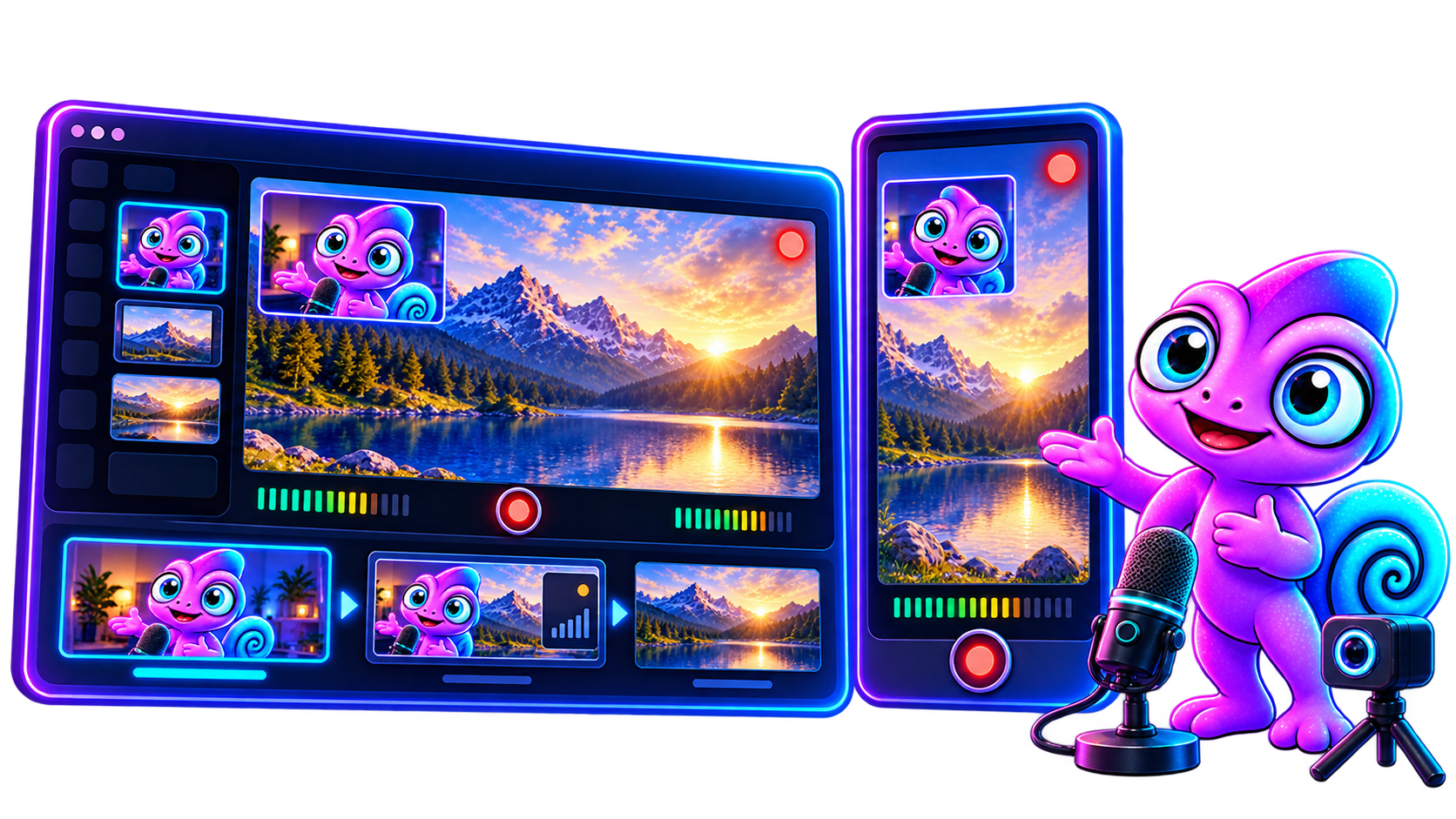 Ilustración: el estudio de grabación en horizontal y en vertical, ambos con Leo y el paisaje, y Leo de pie junto a su micrófono.