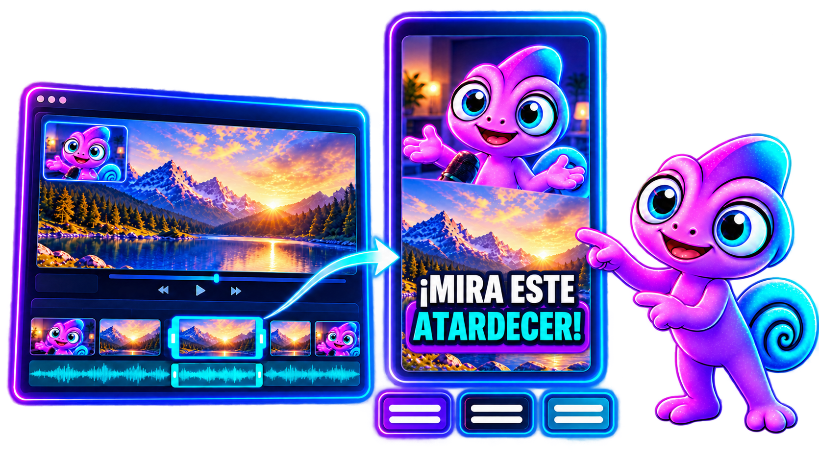 Ilustración: un fragmento del editor horizontal pasa a un short vertical con Leo y el subtítulo «¡Mira este atardecer!».