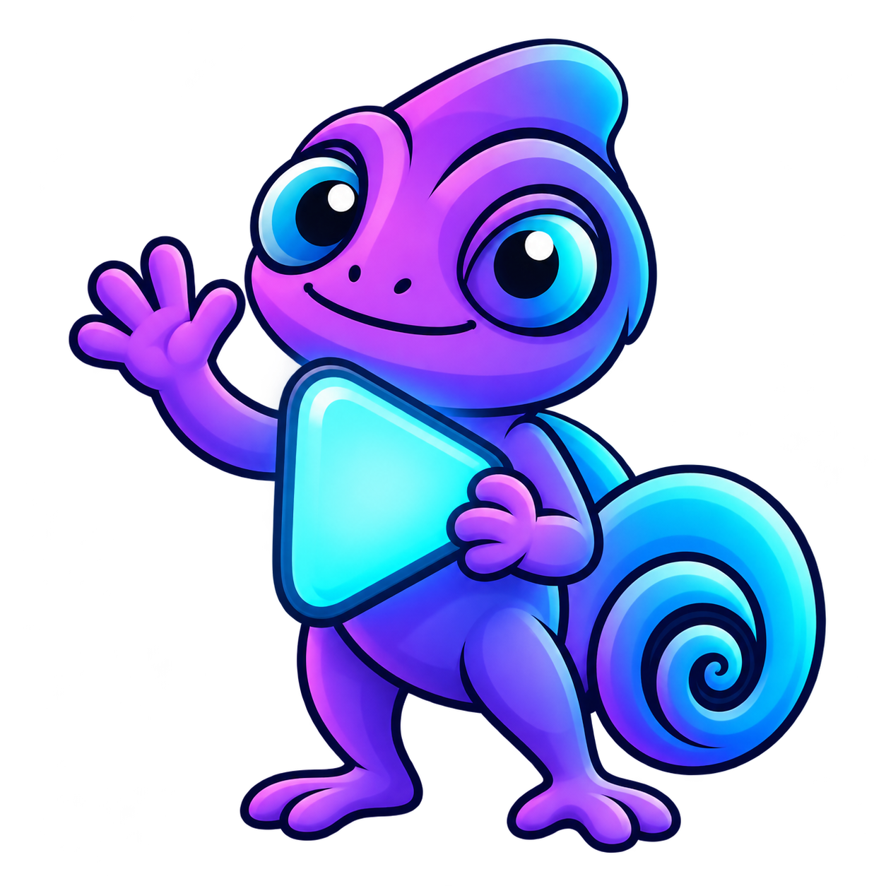 Leo, el camaleón de CamaLeo, saluda con la mano y sostiene un botón de reproducción.